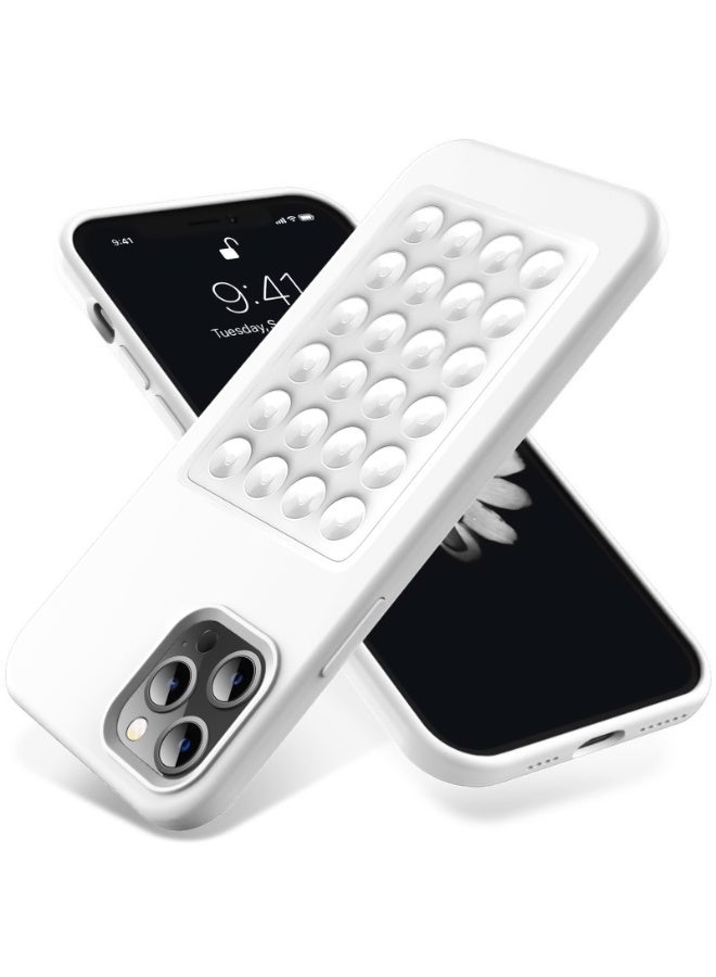 جراب هاتف من السيليكون الناعم مع قاعدة شفط وحامل حماية كاملة ضد الصدمات لهاتف iPhone 13 Pro Max (أبيض)