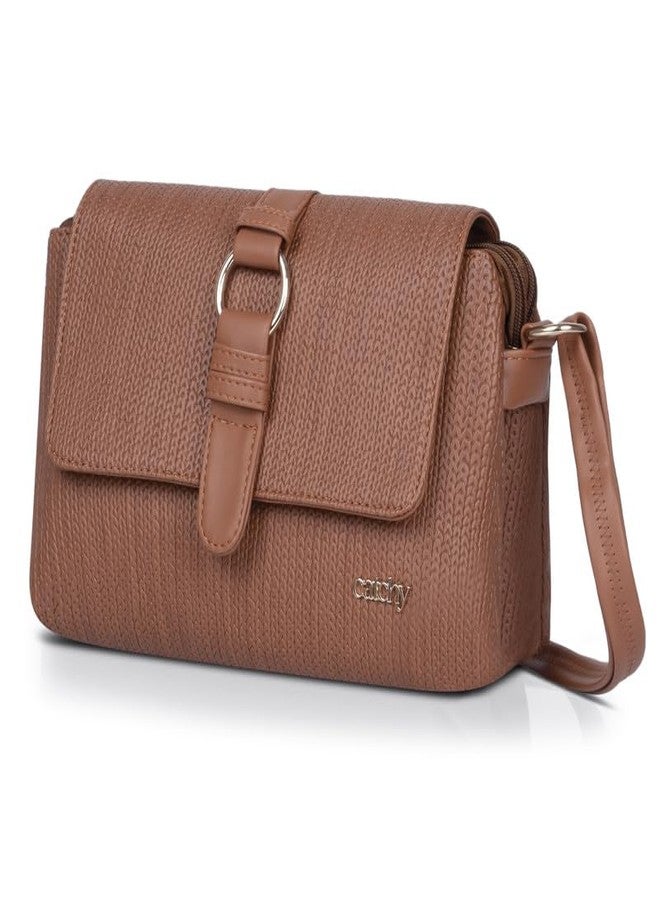 Catchy Tan Faux Leather Magnet Closure Womens Sling Bag - Image 2
