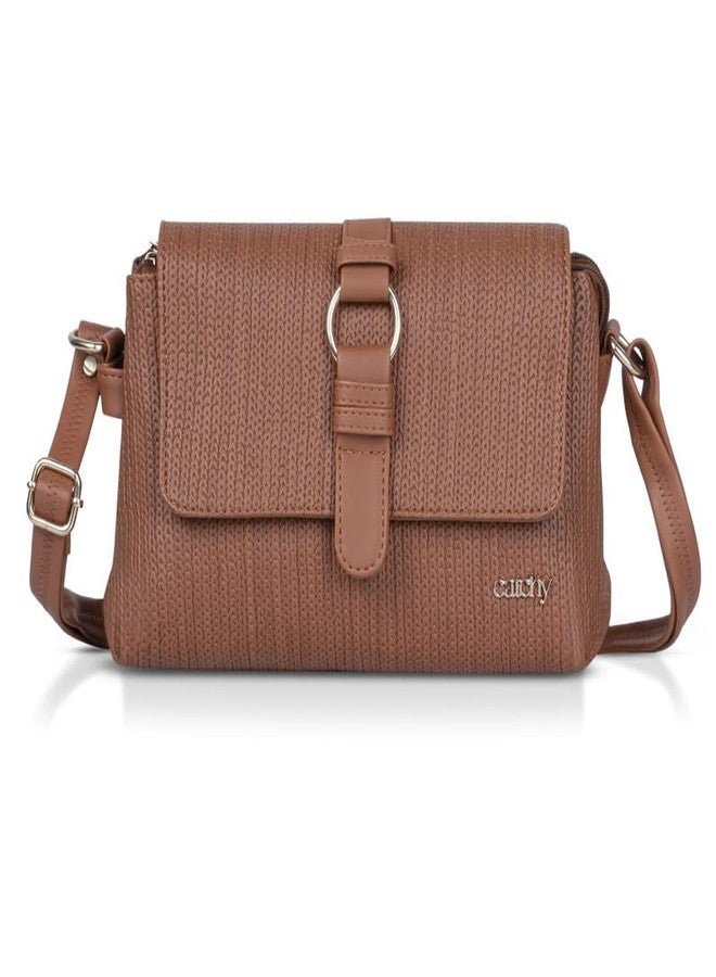 Catchy Tan Faux Leather Magnet Closure Womens Sling Bag - Image 1