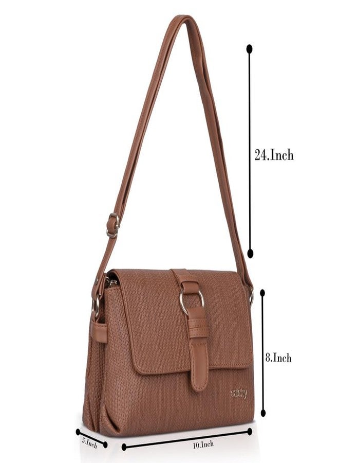 Catchy Tan Faux Leather Magnet Closure Womens Sling Bag - Image 5