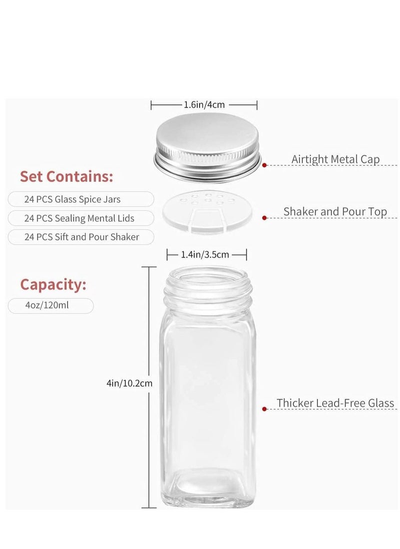 MIXDE - 24-Piece Empty Square Spice Bottles with Shaker Lids, Airtight Metal Caps - Includes 24 Spice Labels, Chalk Marker, and Silicone Collapsible Funnel - Image 1