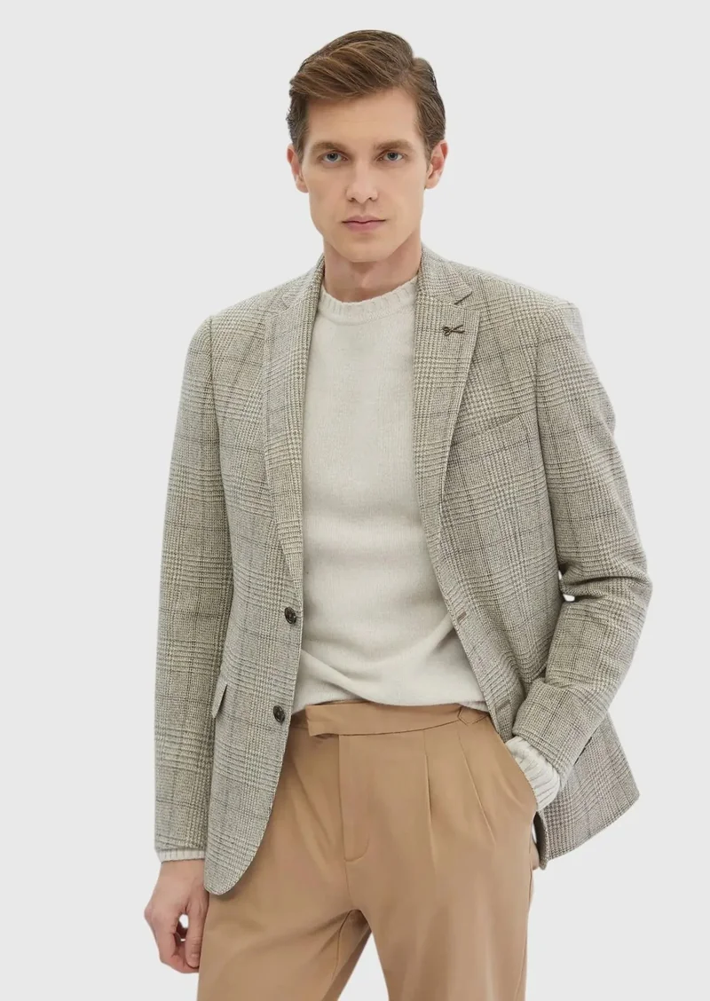 RAMSEY Beige Patterned Regular Fit Wool Blended Jacket