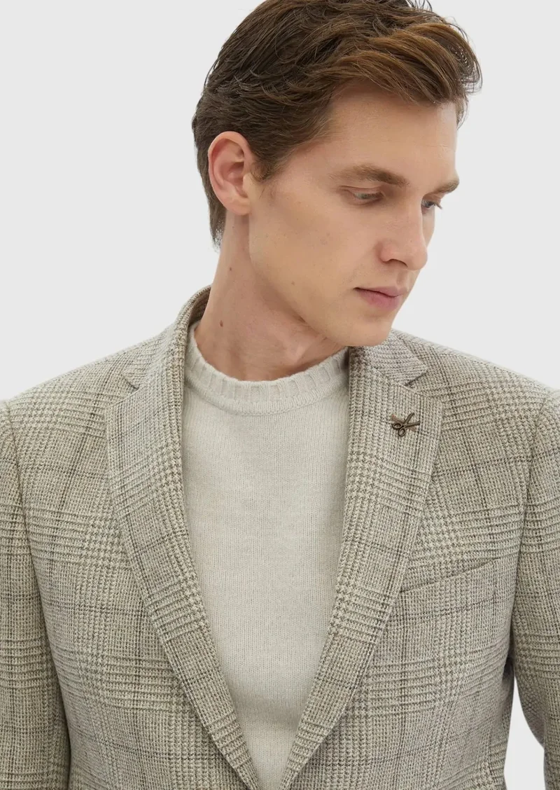 رامسي جاكيت من مزيج الصوف بنقشة بيج وقصة عادية