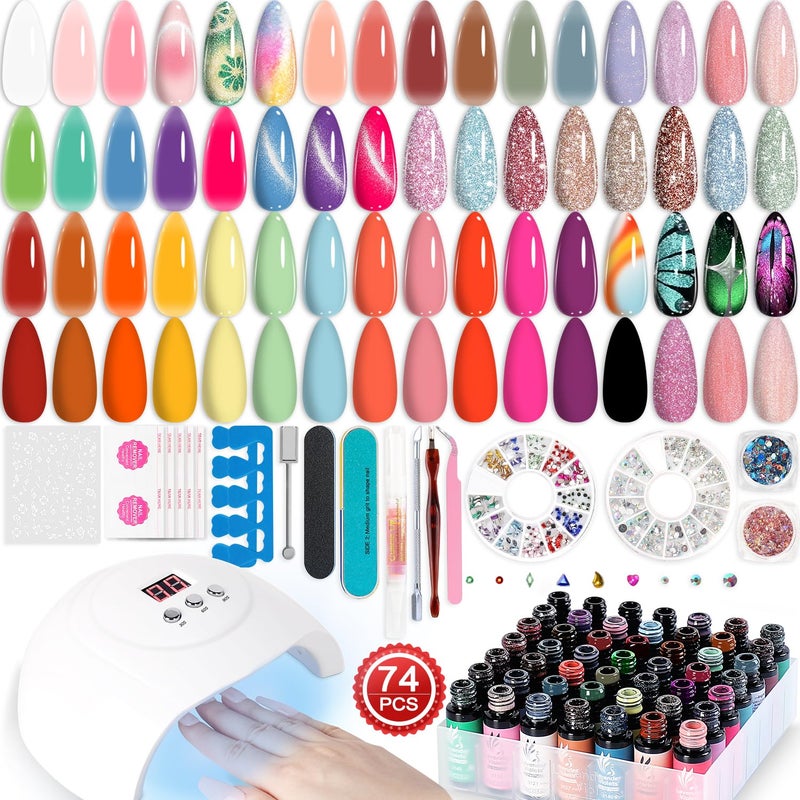 Lavender Violets Gel Nail Polish Kit with U V Light Nude Pinky Rouge Spring Colors 9D Cat Eye Candy Mixed Holographic Glittery Decor Primer,Base,Glossy,Matte Top Coat,Nail tech Suppliers Magnetic 01