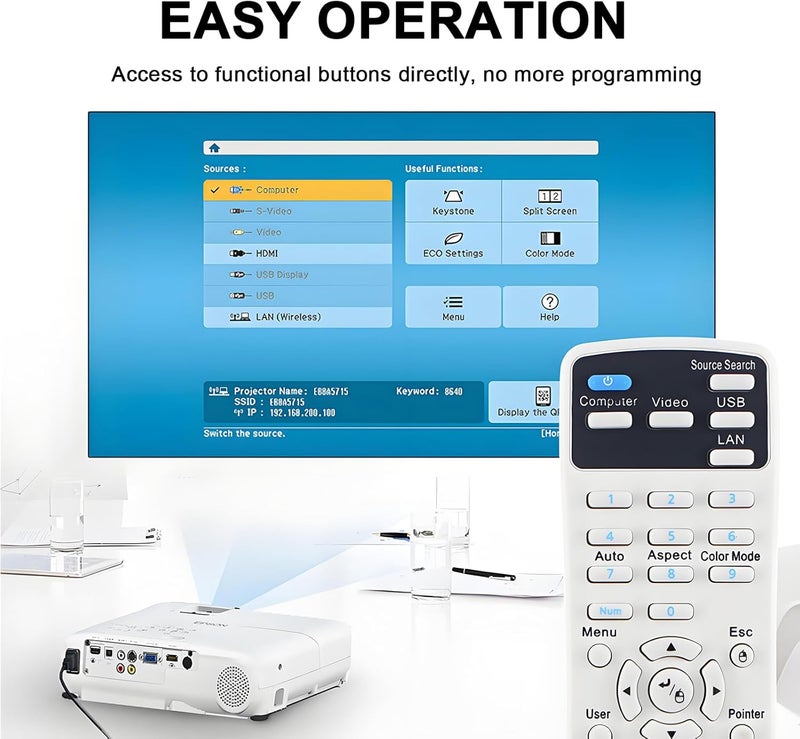EWO'S جهاز تحكم عن بعد عالمي من EWO لمشاريع العرض الخاصة بشركة إيبسون (Epson)، ويناسب مشاريع السينما المنزلية (Home Cinema)، ومشاريع سلسلة Powerlite، EB-، EX، VS، H، BrightLink، وEMP-. (وصف مرجعي للطرازات المحددة) - Image 3