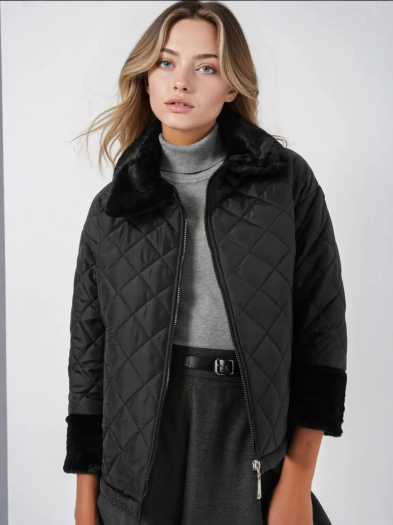 BIG DART BDART Textured Shawl Collar Puff Coat with Faux Fur