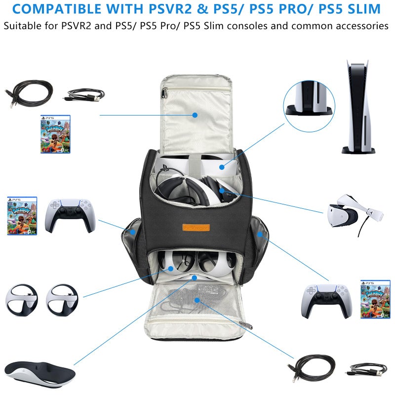 FPVtosky حقيبة ظهر FPVtosky لجهاز PS5 Pro و PSVR2، حقيبة سفر كبيرة 2 في 1 لجهاز بلاي ستيشن VR2 و PS 5/PS5 Slim/PS 5 Pro، حقيبة تخزين واقية متوافقة مع بلاي ستيشن 5 وملحقات ألعاب PS VR2 - Image 2