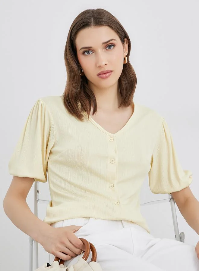 Take Two Take Two Yellow Button Placket V Neck Top