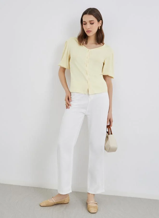 Take Two Take Two Yellow Button Placket V Neck Top
