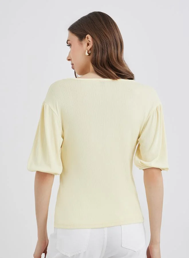 Take Two Take Two Yellow Button Placket V Neck Top