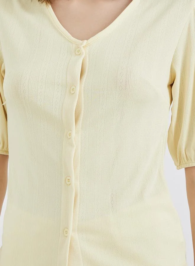 Take Two Take Two Yellow Button Placket V Neck Top