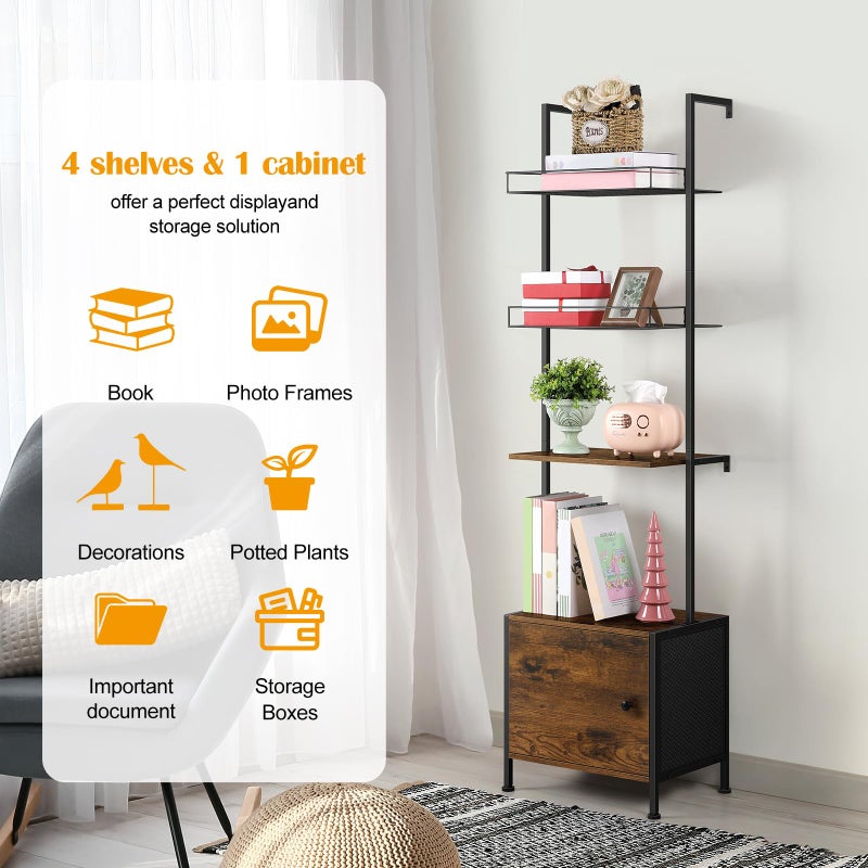 Vrisa 4 Tier Ladder Bookshelf with Drawers Wall Mounted Storage Shelves Wooden Ladder Shelf with Cabinet Display Bookcase for Living Room Bedroom Home Office Kitchen Brown - Image 4