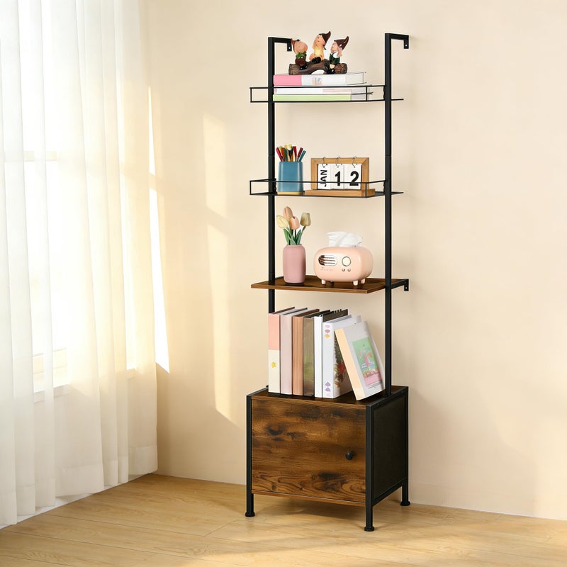 Vrisa 4 Tier Ladder Bookshelf with Drawers Wall Mounted Storage Shelves Wooden Ladder Shelf with Cabinet Display Bookcase for Living Room Bedroom Home Office Kitchen Brown - Image 1