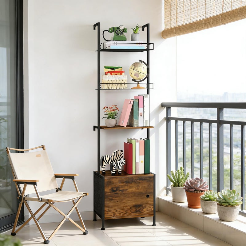 Vrisa 4 Tier Ladder Bookshelf with Drawers Wall Mounted Storage Shelves Wooden Ladder Shelf with Cabinet Display Bookcase for Living Room Bedroom Home Office Kitchen Brown - Image 3