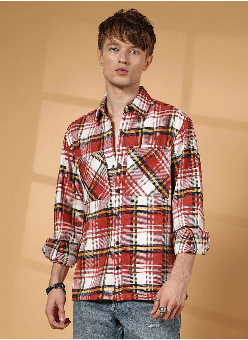 Campus Sutra Men's Venetian Red Tartan Plaid Utility Overshirt