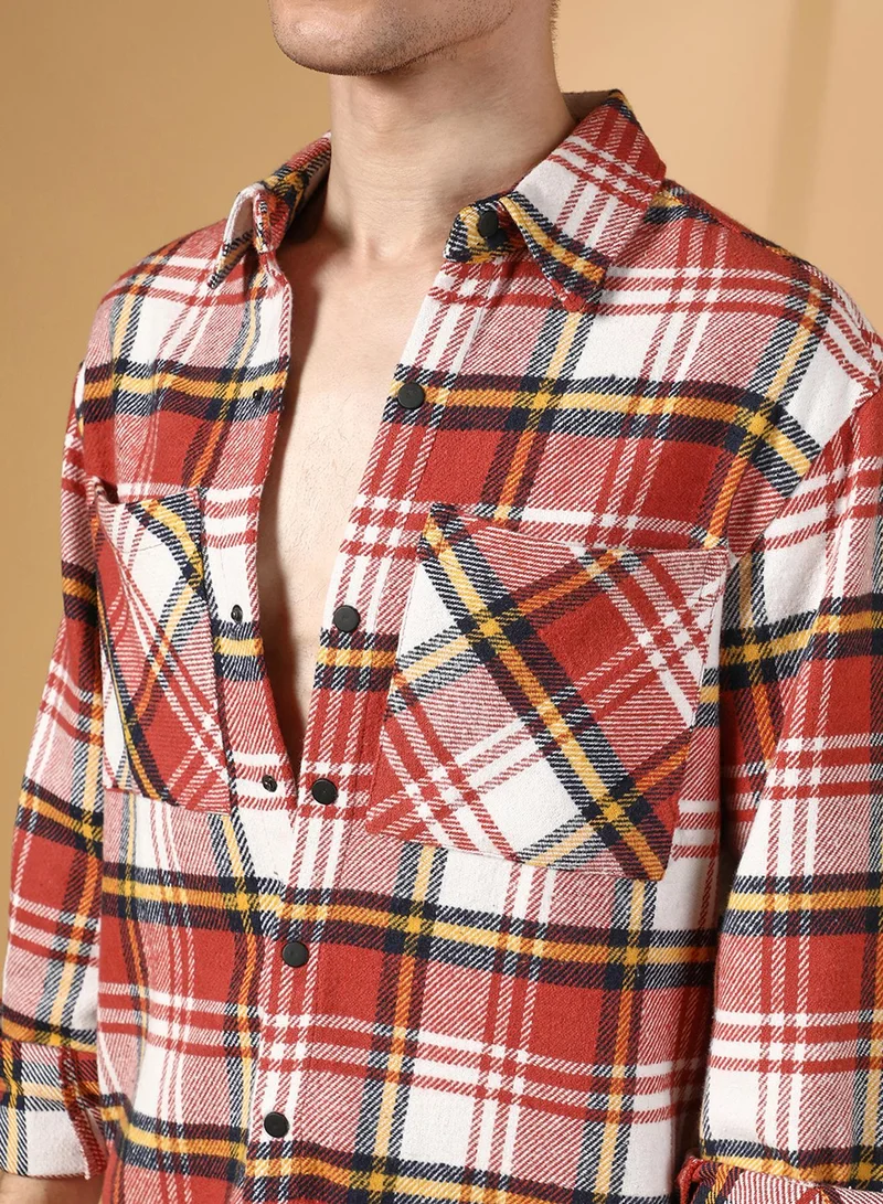 كامبوس سوترا Men's Venetian Red Tartan Plaid Utility Overshirt