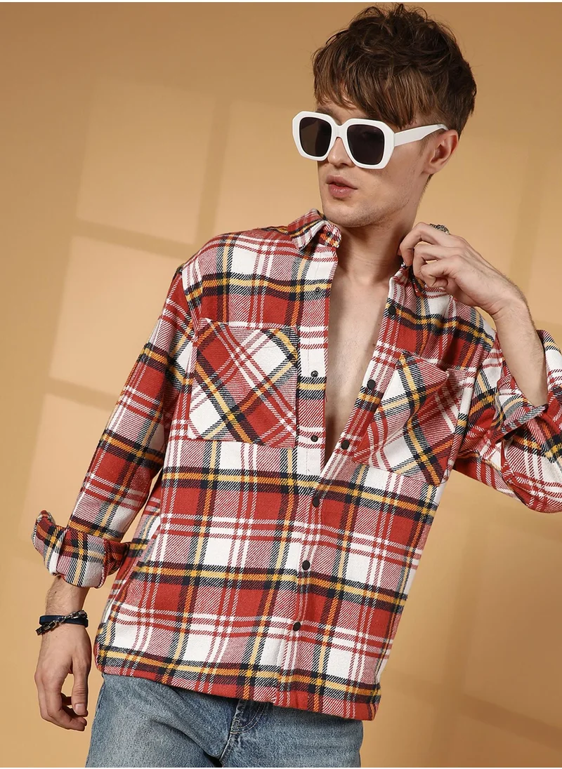 Campus Sutra Men's Venetian Red Tartan Plaid Utility Overshirt