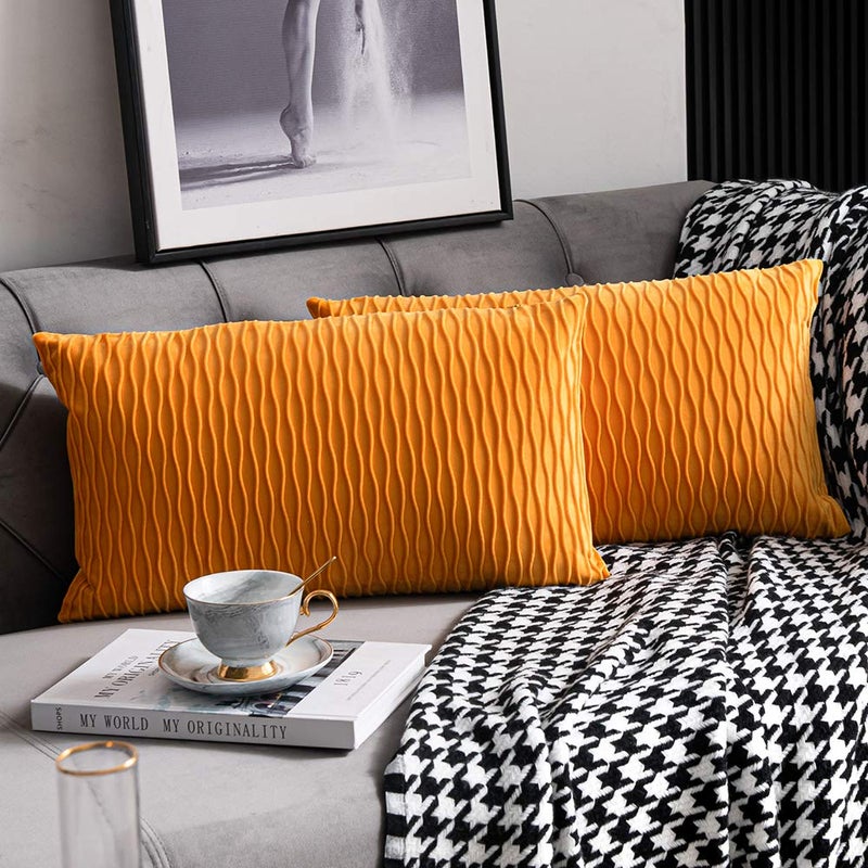 DEZENE Fall Golden Yellow Couch Pillow Covers 2 Pack 12x20 Inch Original Striped Polyester Rectangular Throw Pillow Cases for Farmhouse Home Decor