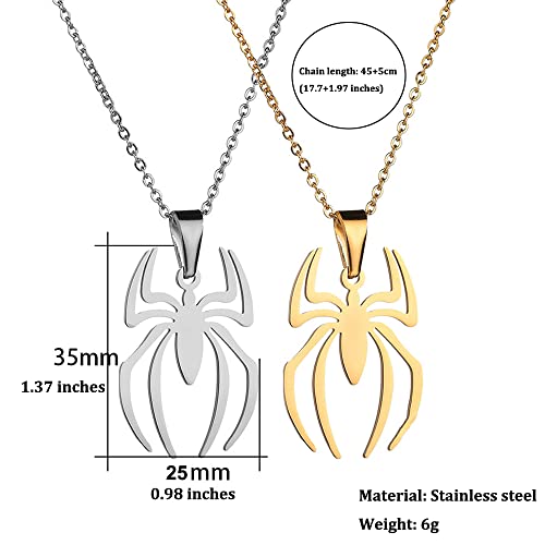 GulCean Spider Necklace for Men Women Titanium Stainless Steel Gold Silver Lightweight Fashion Anime Goth Cool Hippie Spiderman Pendant Necklace (Silver) - Image 2
