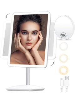 COSMIRROR COSMIRROR Makeup Mirror with Lights, Rechargeable 2000mAh Lighted Makeup Mirror with Magnification 10X,360°Rotation Makeup Vanity Mirror with 3 Color Light, Touch Control Light up Mirror for Makeup 