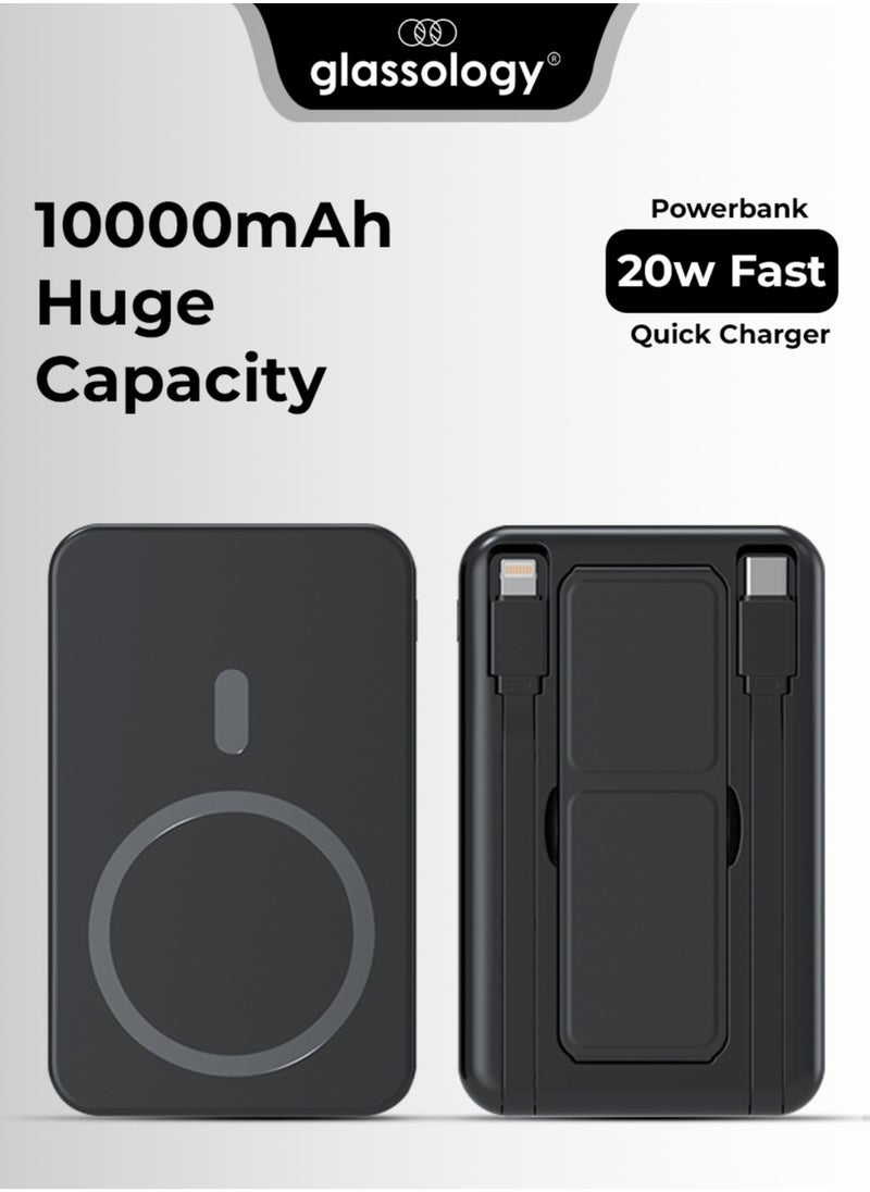 glassology - 10000mAh PD 20W Magsafe Power Bank Wireless Charger with Fast Charging, Battery Pack with Built-in USB-C Cable and Adjustable Stand, for iPhone 16/15 Series, AirPods, and More - Image 1