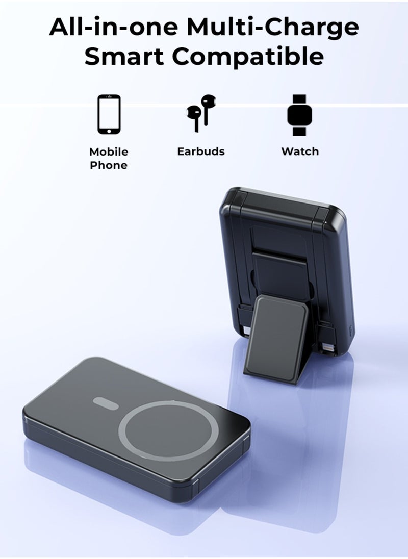 glassology - 10000mAh PD 20W Magsafe Power Bank Wireless Charger with Fast Charging, Battery Pack with Built-in USB-C Cable and Adjustable Stand, for iPhone 16/15 Series, AirPods, and More - Image 1