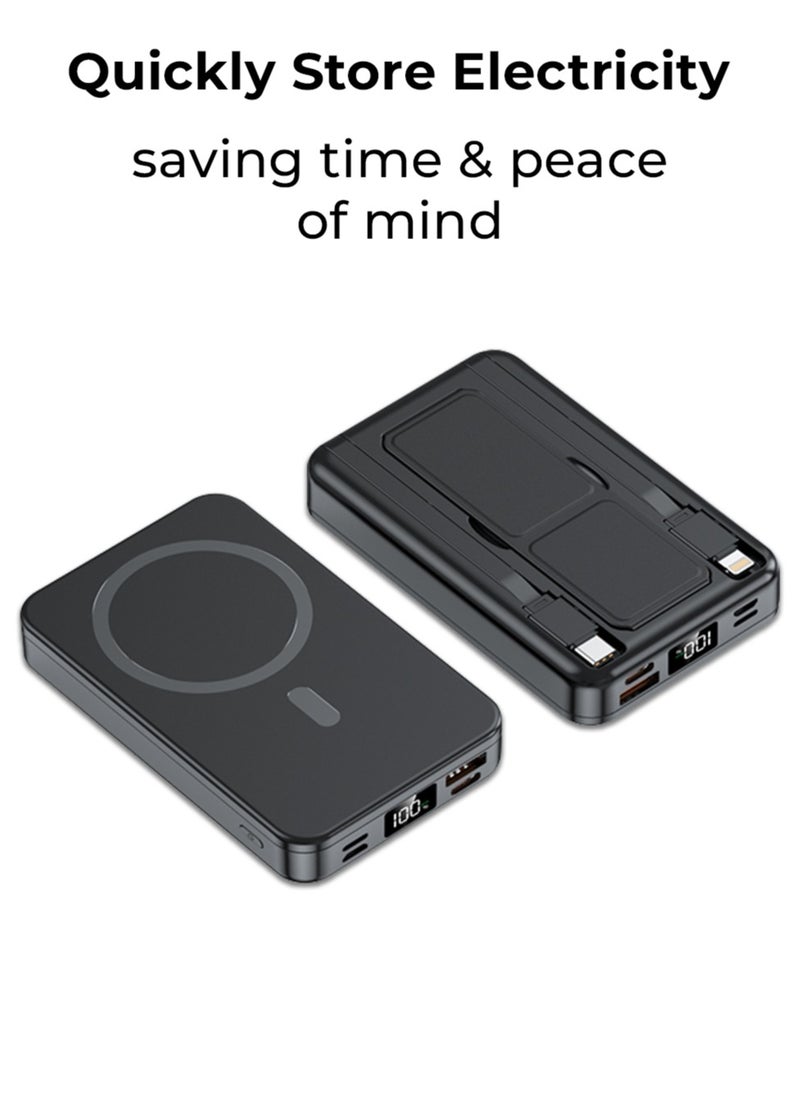 glassology - 10000mAh PD 20W Magsafe Power Bank Wireless Charger with Fast Charging, Battery Pack with Built-in USB-C Cable and Adjustable Stand, for iPhone 16/15 Series, AirPods, and More - Image 1