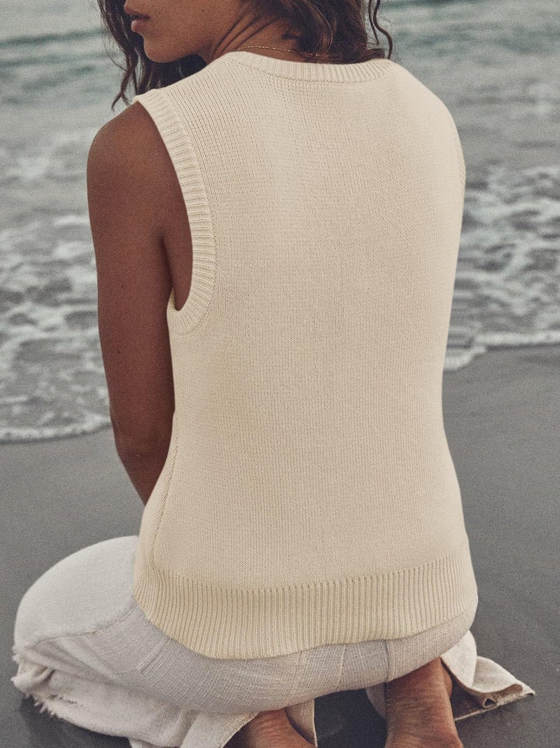 Saodimallsu Womens Summer Sweater Vest Sleeveless Ribbed Knit Tank Tops Going Out Casual Basic Scoop Neck Tshirt Beige - Image 5