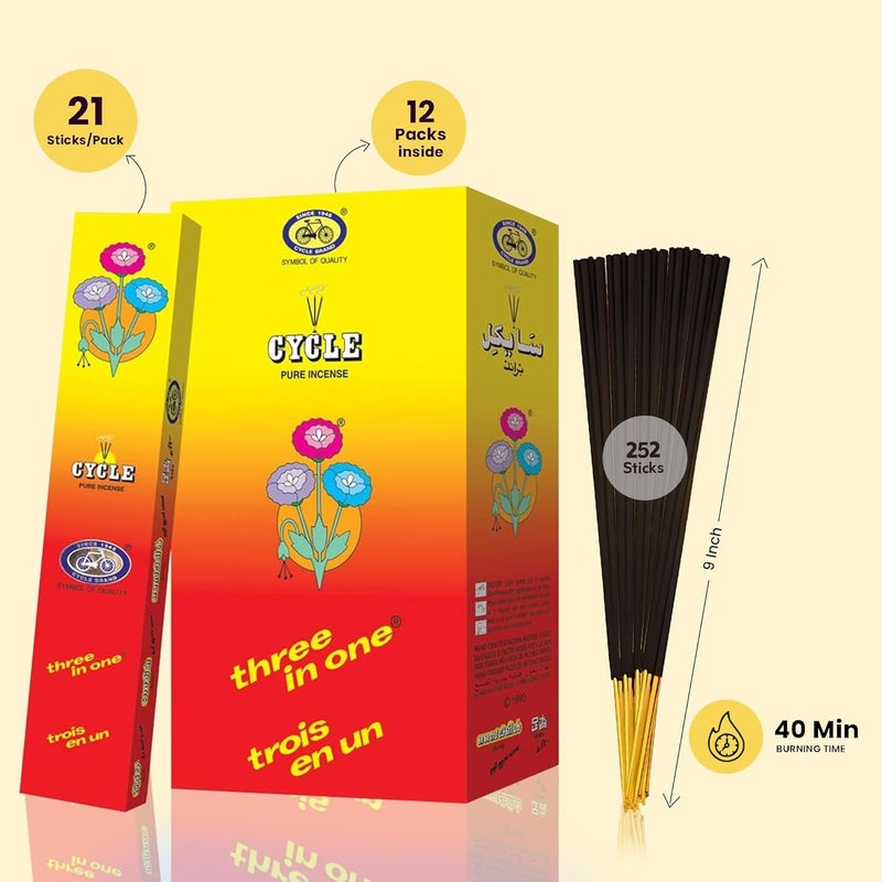 Cycle Brand Three in One Incense Sticks | 9'' Inch Agarbatti Sticks with 40 Mins Burning time | 3 Signature Natural Fragrances Floral, Woody, Lily | 21 Sticks/Pack, 12 Packs/Box, 252 Sticks/Box - Image 2