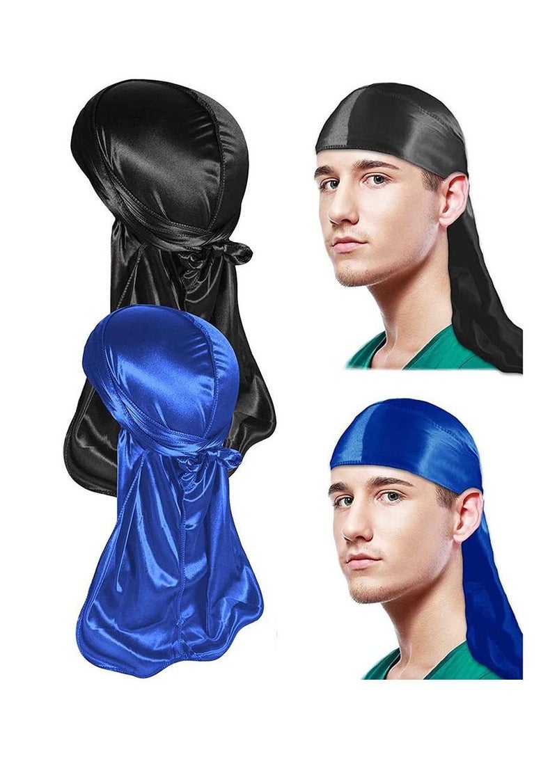 Silky Durag Men Soft Silk 360 Wave Headwrap Unisex Cap Bandana Turban Hat with Long Tail and Wide Strap for Kids Women 2 Pcs - Image 1
