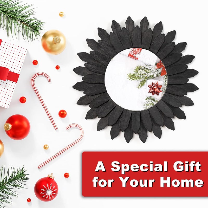 امفوجو مرآة حائط Emfogo مقاس 12 بوصة، مرآة بوهو شمسية خشبية ريفية، ديكور حائط مزرعة، ديكور غرفة، ديكور منزلي لغرفة النوم وغرفة المعيشة والمدخل (أسود عتيق) مظهر أنيق ورائع - Image 3