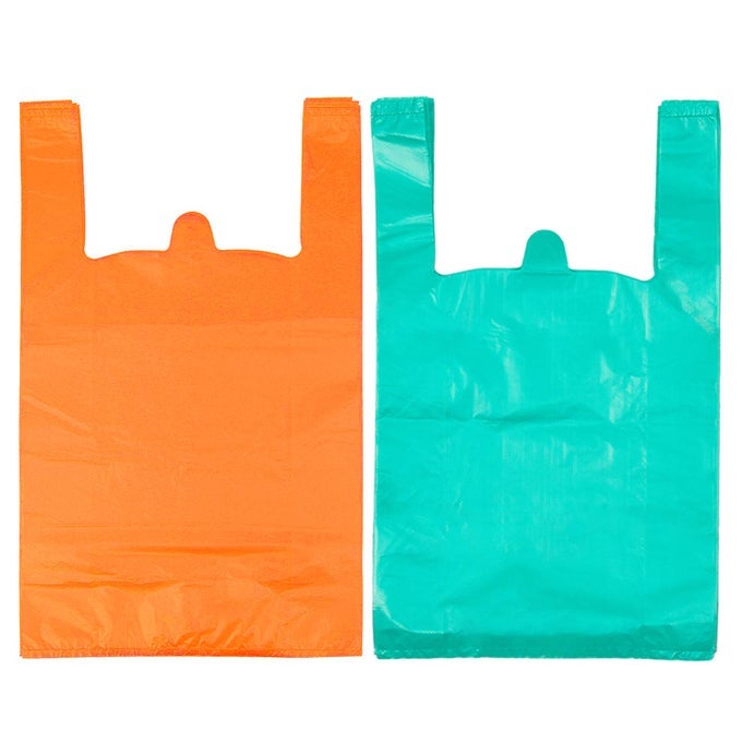 T SHIRT BAGS PLASTIC GROCERY BAGS WITH HANDLES IN BULK FOR SHOPPING AND RESTAURANT BOLSAS DE PLASTICO PARA NEGOCIO 12 X 20 INCHES LAKE BLUE 50 PCS ORANGE 50 PCS