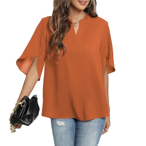 Funlingo Womens Tops Short Sleeve Work Tunic Chiffon Shirts V Neck Dressy Casual Summer Blouses Business Fall Outfits Brown L - Image 2