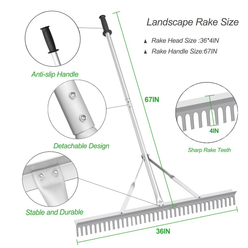 RUIJIU Landscape Rake 36 Inch Head, Leaf Rakes for Lawns with 67 Inch Handle,Aluminum Yard Tool for Loosening Soil, Landscaping Lawn Care , Lake Garden Pond and Beach Care - Image 3