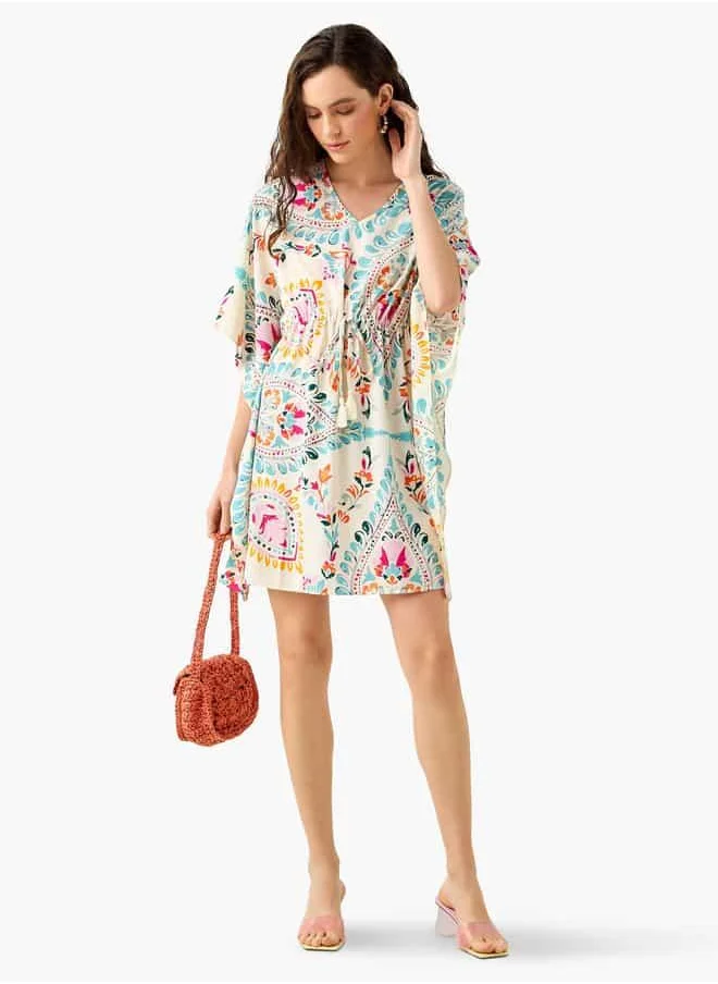 فاف Printed Kaftan Cover Up with Tie-Up and V-neck