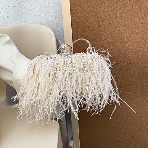 Menurra Women Real Natural Ostrich Feather Evening Bags Purses Clutch Vintage Banquet Handbag (champange with pearl) - Image 5