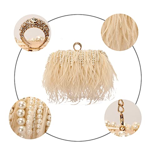 Menurra Women Real Natural Ostrich Feather Evening Bags Purses Clutch Vintage Banquet Handbag (champange with pearl) - Image 4