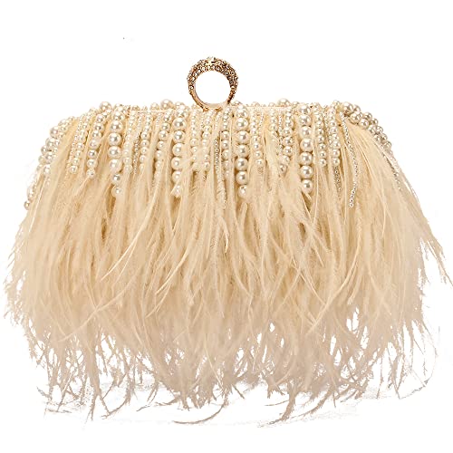 Menurra Women Real Natural Ostrich Feather Evening Bags Purses Clutch Vintage Banquet Handbag (champange with pearl) - Image 1