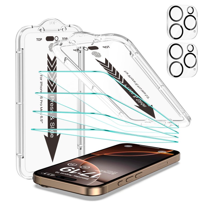 EZ-GLAZ- 4 Pack for iPhone 16 Pro Max Screen Protector[6.9"] With 2 Pack Camera Lens Protector, 9H+ Hardness 12FT Military Grade Shatterproof Scratch Resistant Durable Tempered Glass Film with Flawless Fit Kit, HD Clear - Image 1