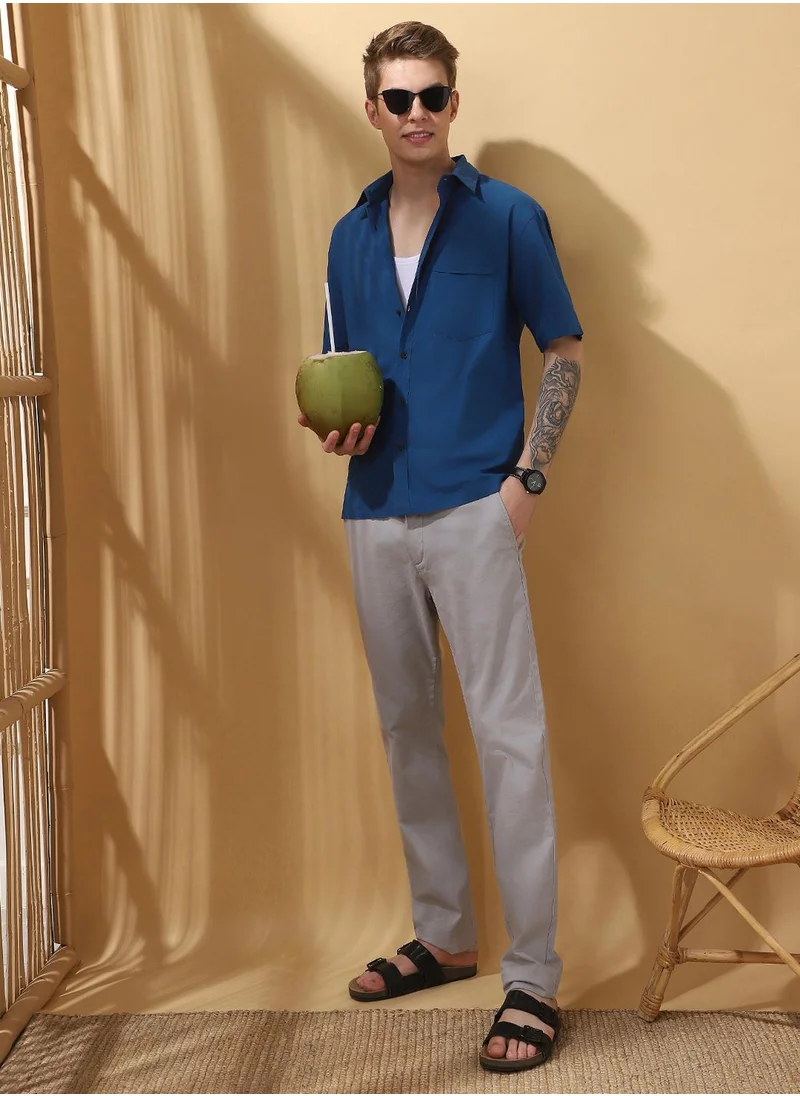 دينيس لينغو Teal blue Relaxed fit Shirts Textured design crafted from 100% Cotton featuring Half Sleeve with Button closure.
