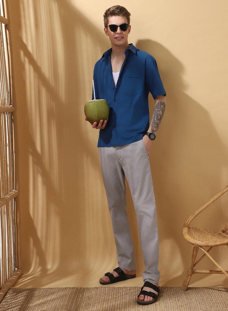 Dennis Lingo Men's Teal Blue 100% Cotton Textured Button Down Relaxed Shirt  - Image 5