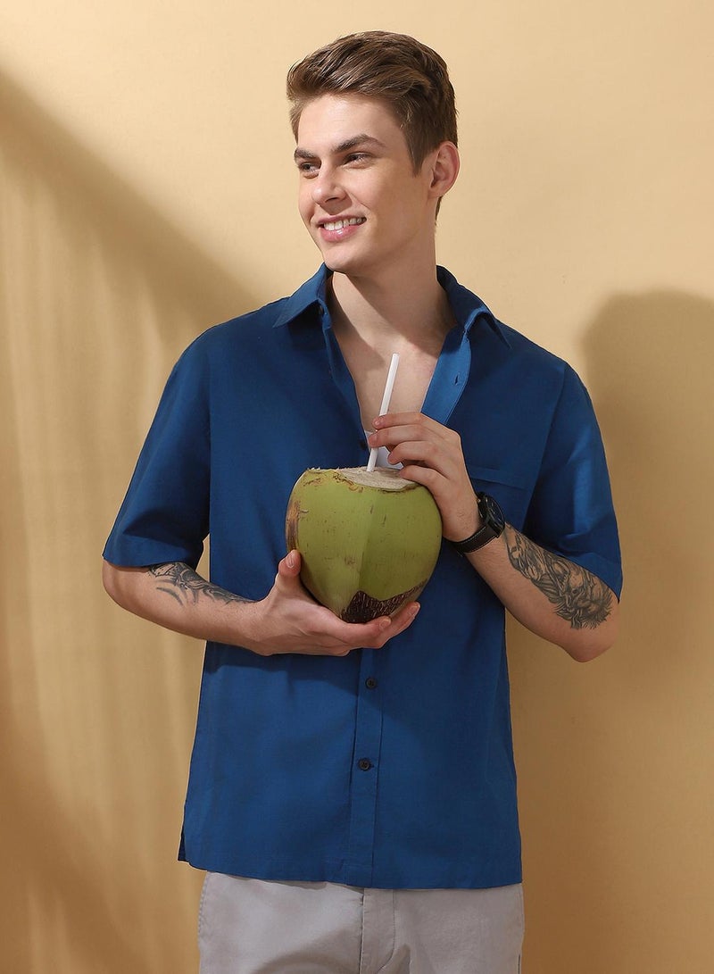 Dennis Lingo Men's Teal Blue 100% Cotton Textured Button Down Relaxed Shirt  - Image 1