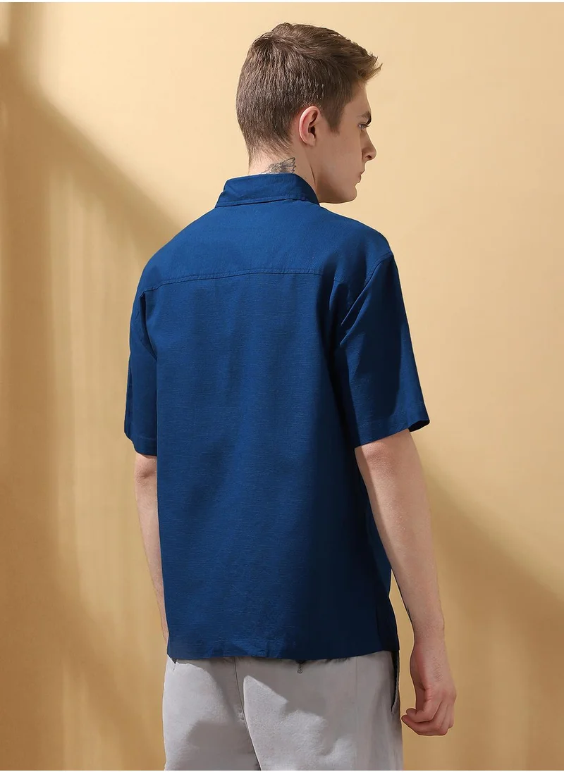 دينيس لينغو Teal blue Relaxed fit Shirts Textured design crafted from 100% Cotton featuring Half Sleeve with Button closure.