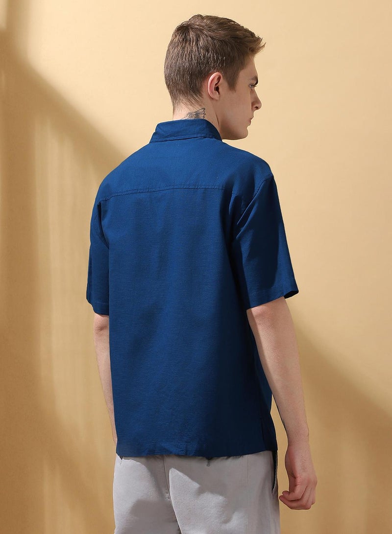 Dennis Lingo Men's Teal Blue 100% Cotton Textured Button Down Relaxed Shirt  - Image 3