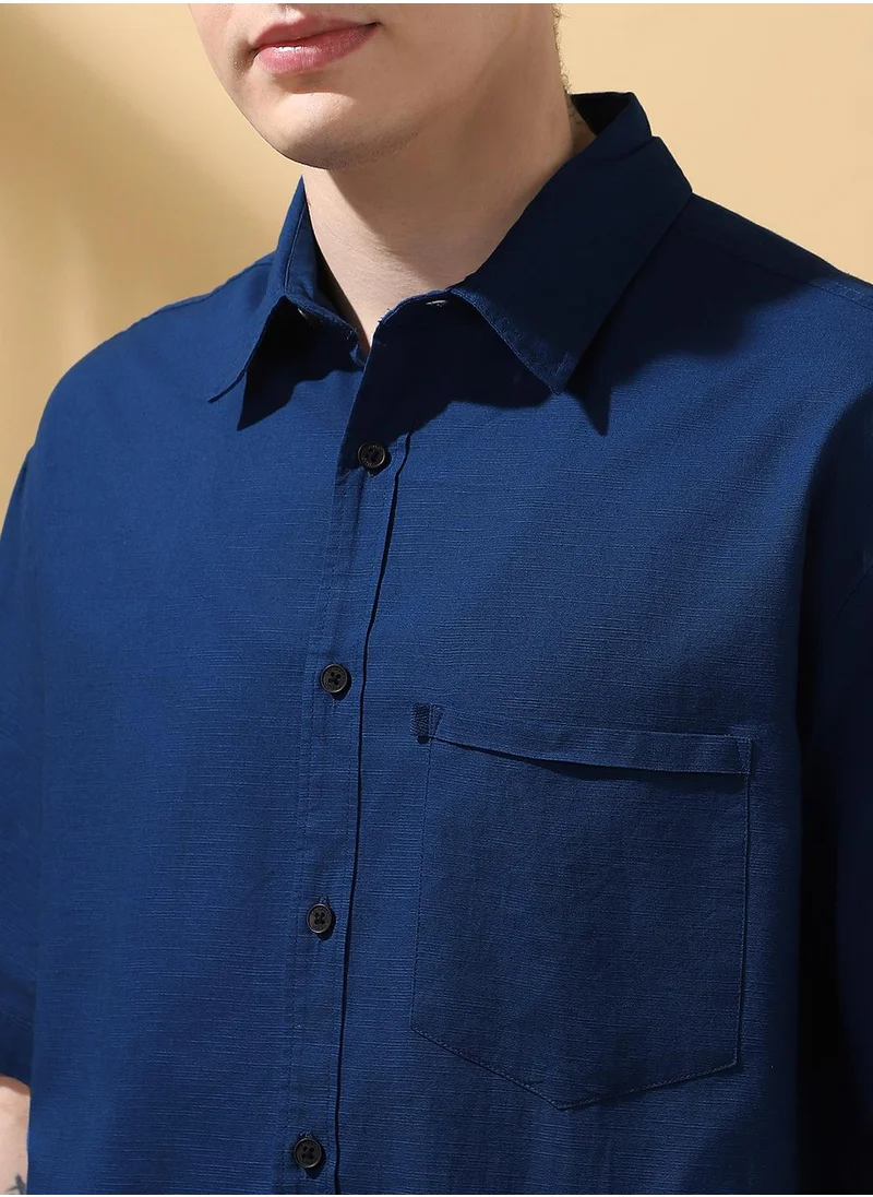 دينيس لينغو Teal blue Relaxed fit Shirts Textured design crafted from 100% Cotton featuring Half Sleeve with Button closure.