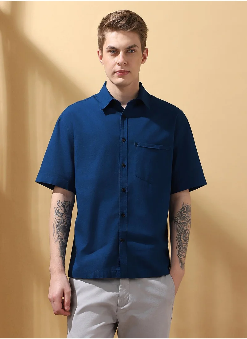 دينيس لينغو Teal blue Relaxed fit Shirts Textured design crafted from 100% Cotton featuring Half Sleeve with Button closure.
