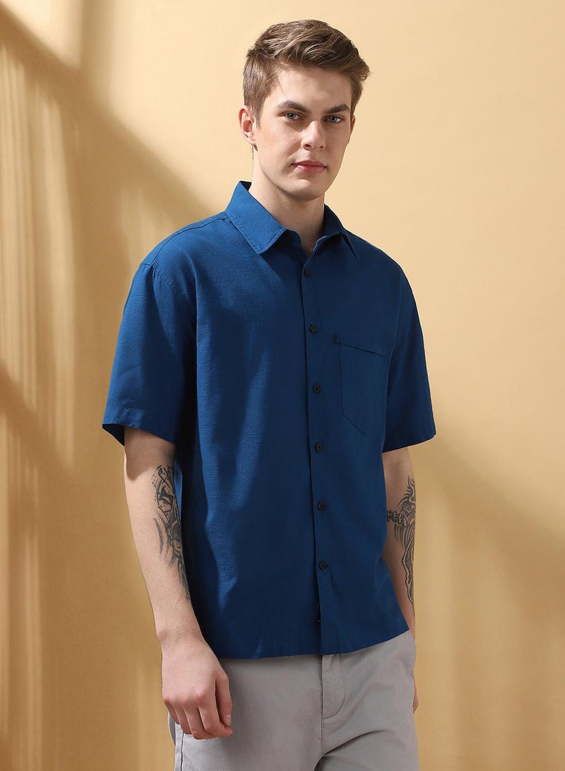 Dennis Lingo Men's Teal Blue 100% Cotton Textured Button Down Relaxed Shirt  - Image 2