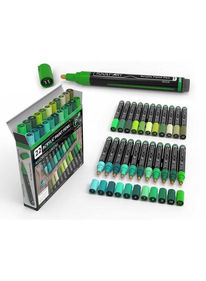 TOOLI-ART 22 Acrylic Paint Markers Paint Pens Pro Color Series Set 3Mm Medium Tip For Rock Painting Glass Mugs Wood Metal Glass Paint Canvas Diy. Non Toxic Waterbased Quick Drying (Greens) - Image 1