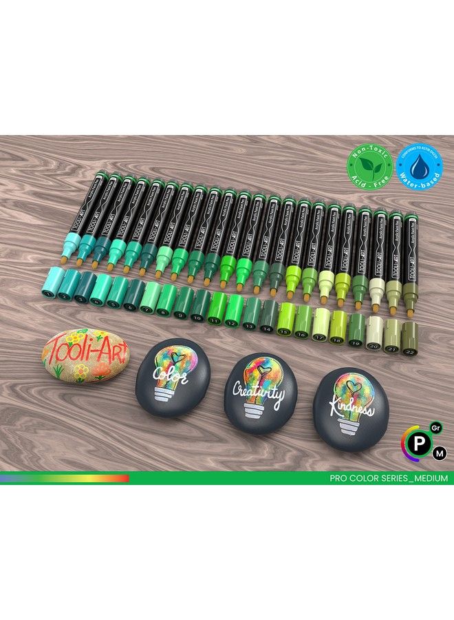 TOOLI-ART 22 Acrylic Paint Markers Paint Pens Pro Color Series Set 3Mm Medium Tip For Rock Painting Glass Mugs Wood Metal Glass Paint Canvas Diy. Non Toxic Waterbased Quick Drying (Greens) - Image 3