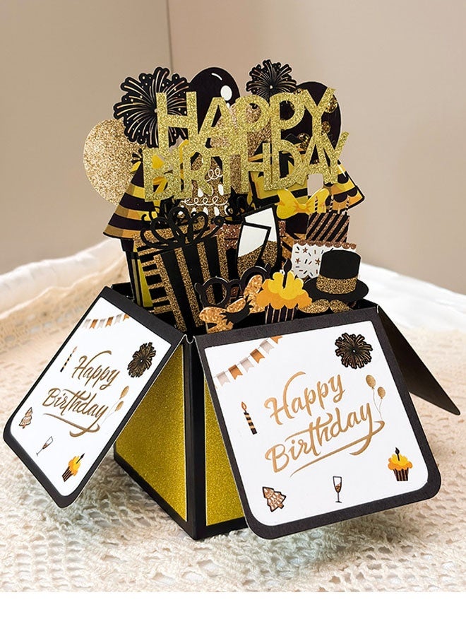 3D Box Black Gold Greeting Card with Envelope Happy Birthday Card Pop Up Creative Folding Blessing Card - Image 1